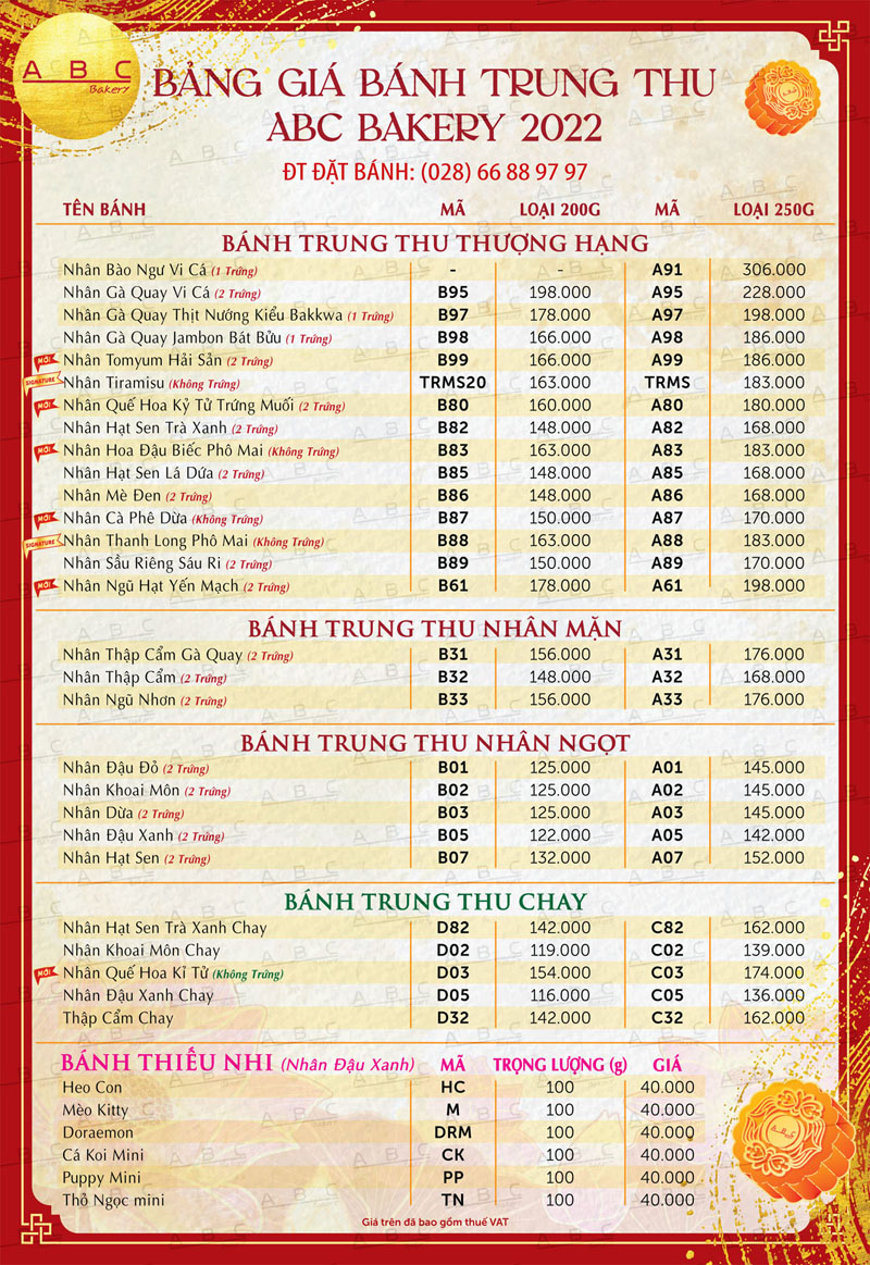 Bảng giá bánh trung thu ABC 2022